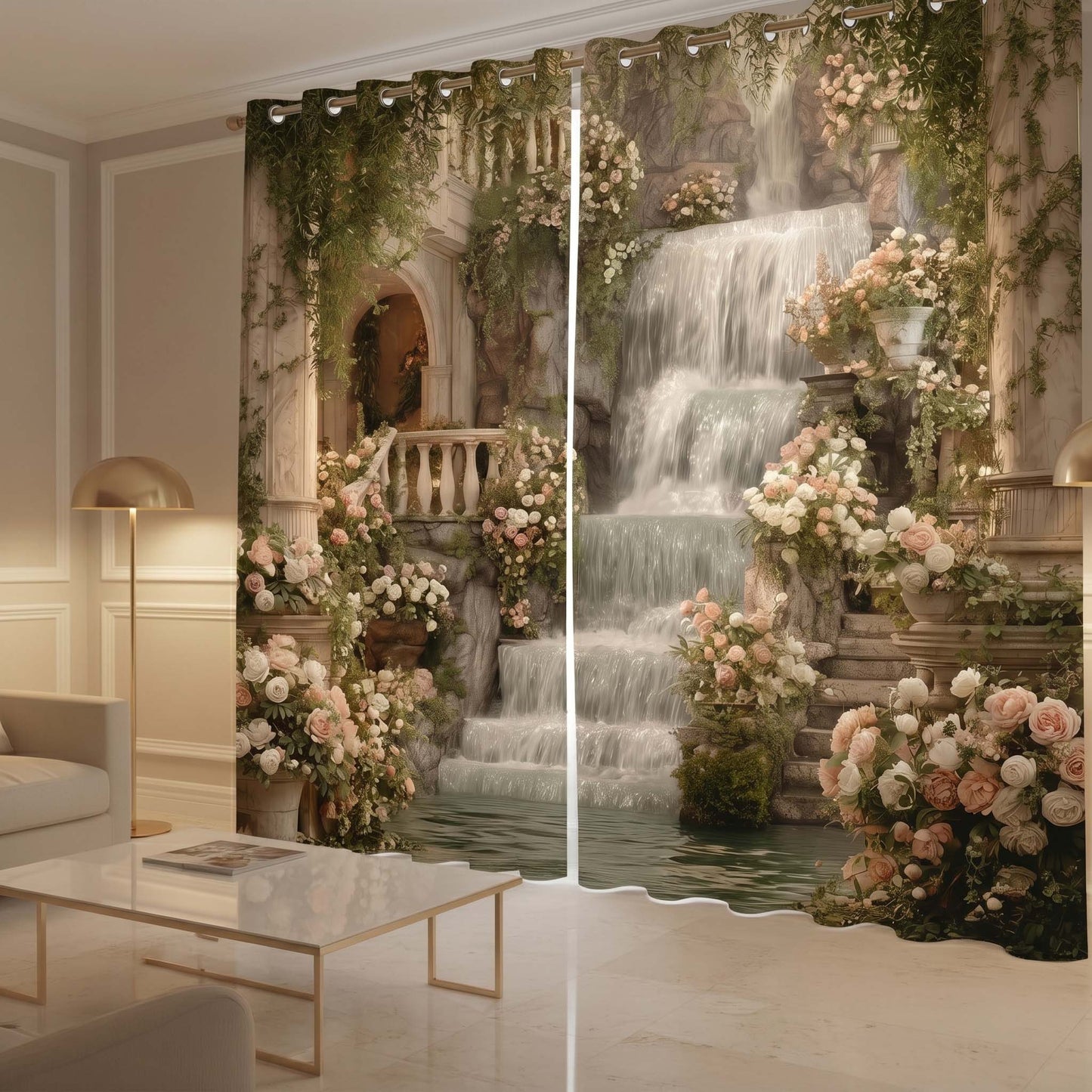 Luxury Waterfall Floral Palace Designer Room Darkening Curtains(Set of 2)