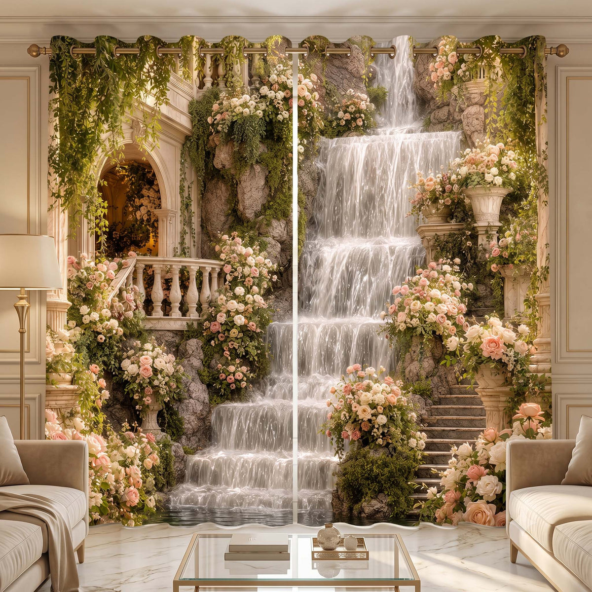 Luxury Waterfall Floral Palace Designer Room Darkening Curtains(Set of 2)
