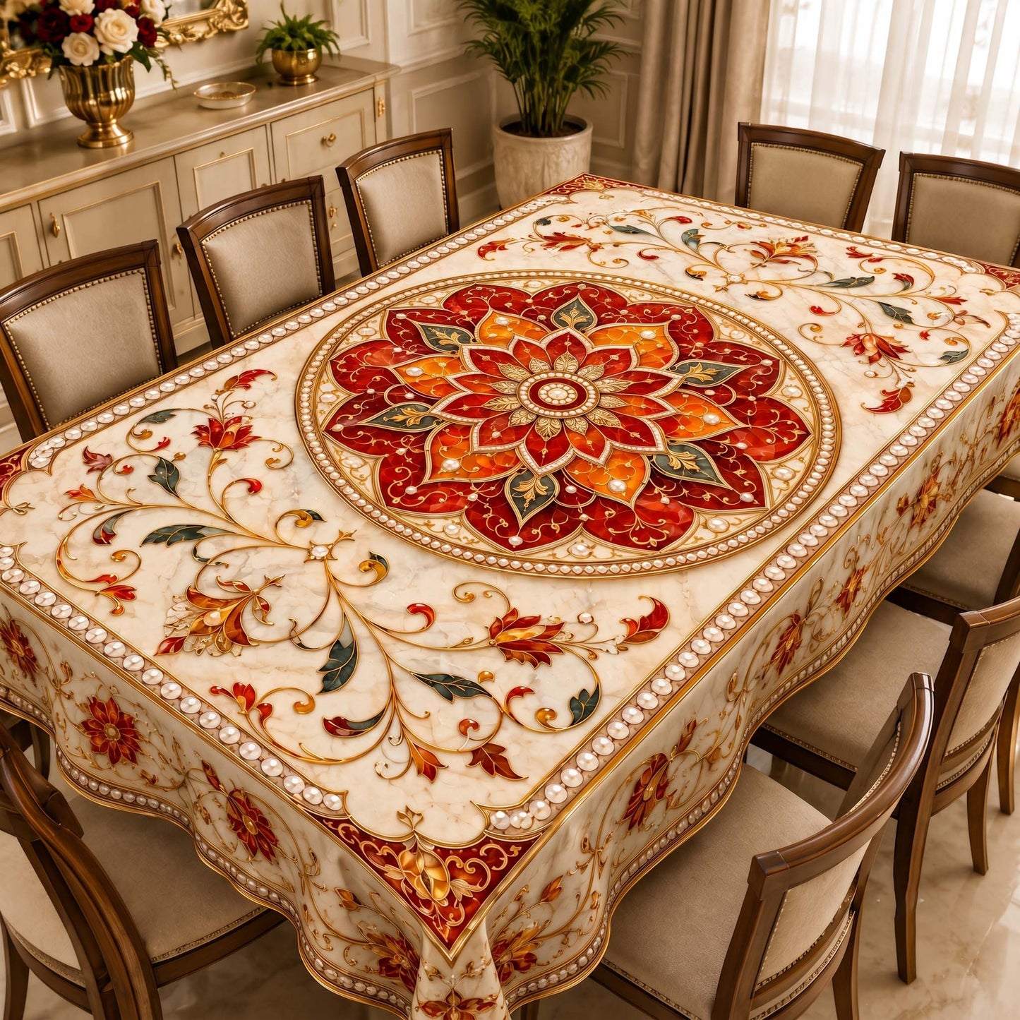 Maharaja Jewel Floral Medallion Table Cover – Elegant Dining Tablecloth for Home Decor
