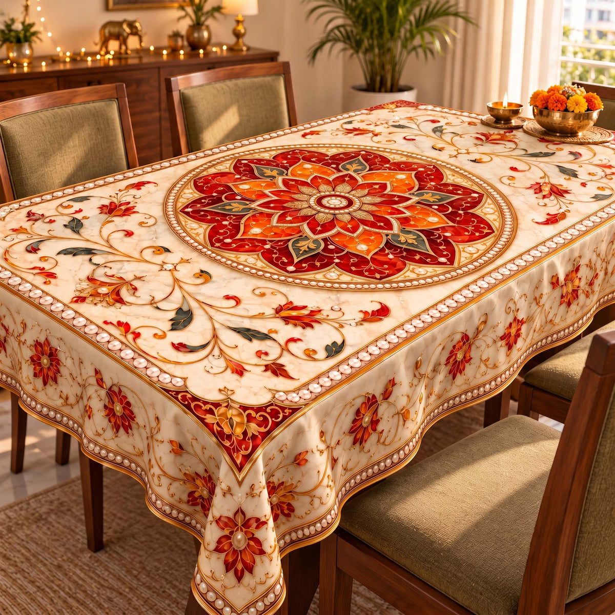 Maharaja Jewel Floral Medallion Table Cover – Elegant Dining Tablecloth for Home Decor