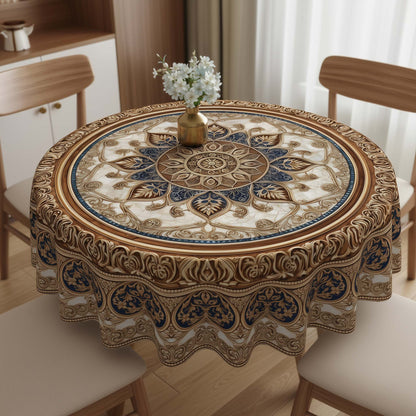 Majestic Navy & Gold Mandala Round Table Cover – Premium Royal Pattern Tablecloth for Dining Room