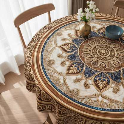 Majestic Navy & Gold Mandala Round Table Cover – Premium Royal Pattern Tablecloth for Dining Room