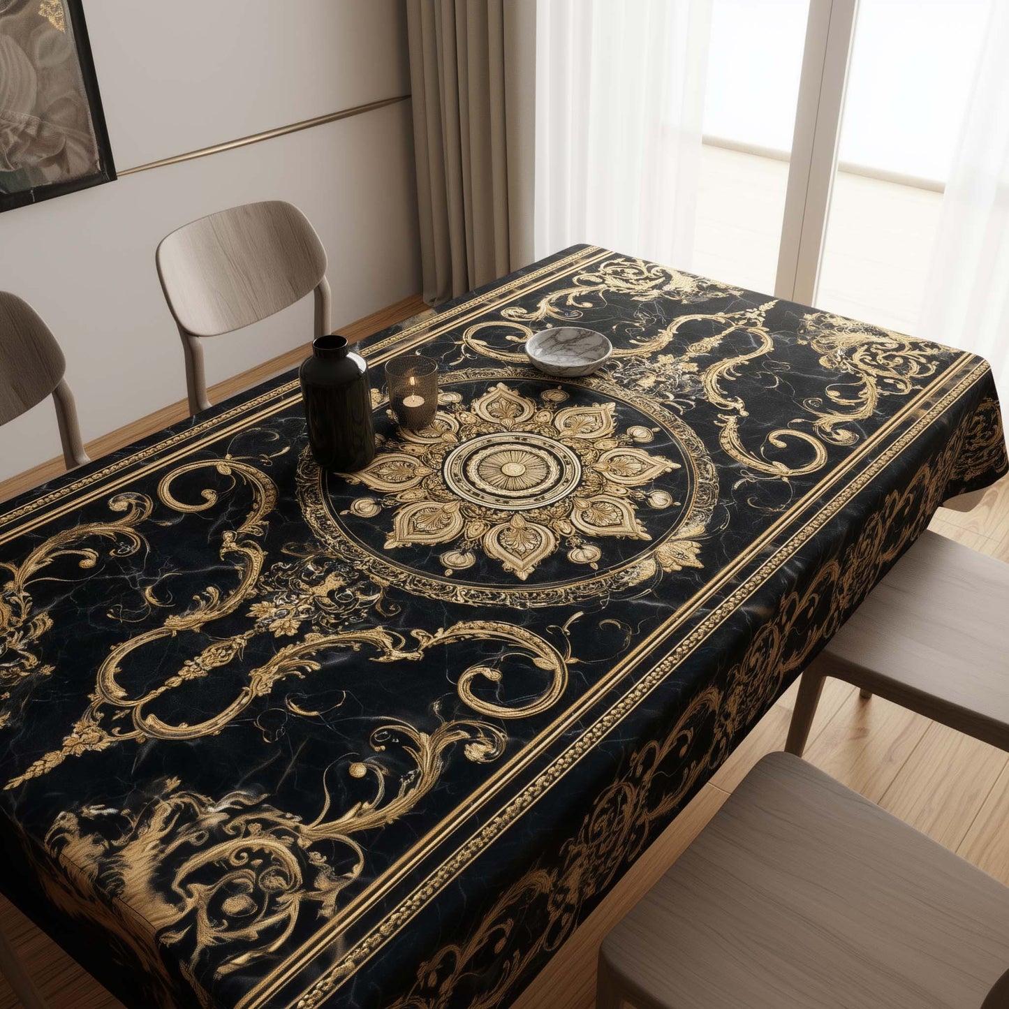 Midnight Gold Royal Mandala Table Cover – Luxurious Dining Tablecloth for Modern Home Decor