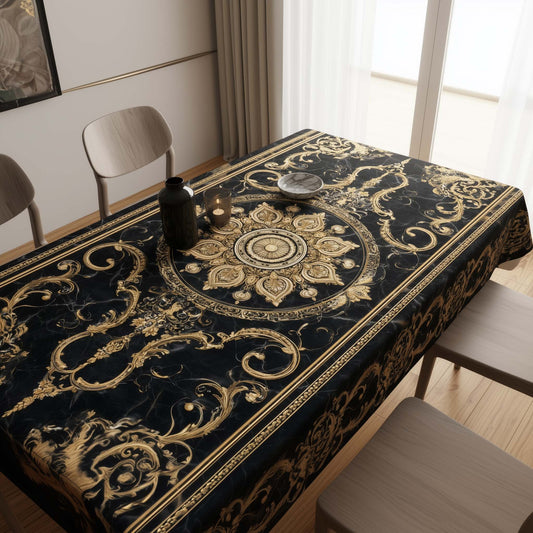 Midnight Gold Royal Mandala Table Cover – Luxurious Dining Tablecloth for Modern Home Decor