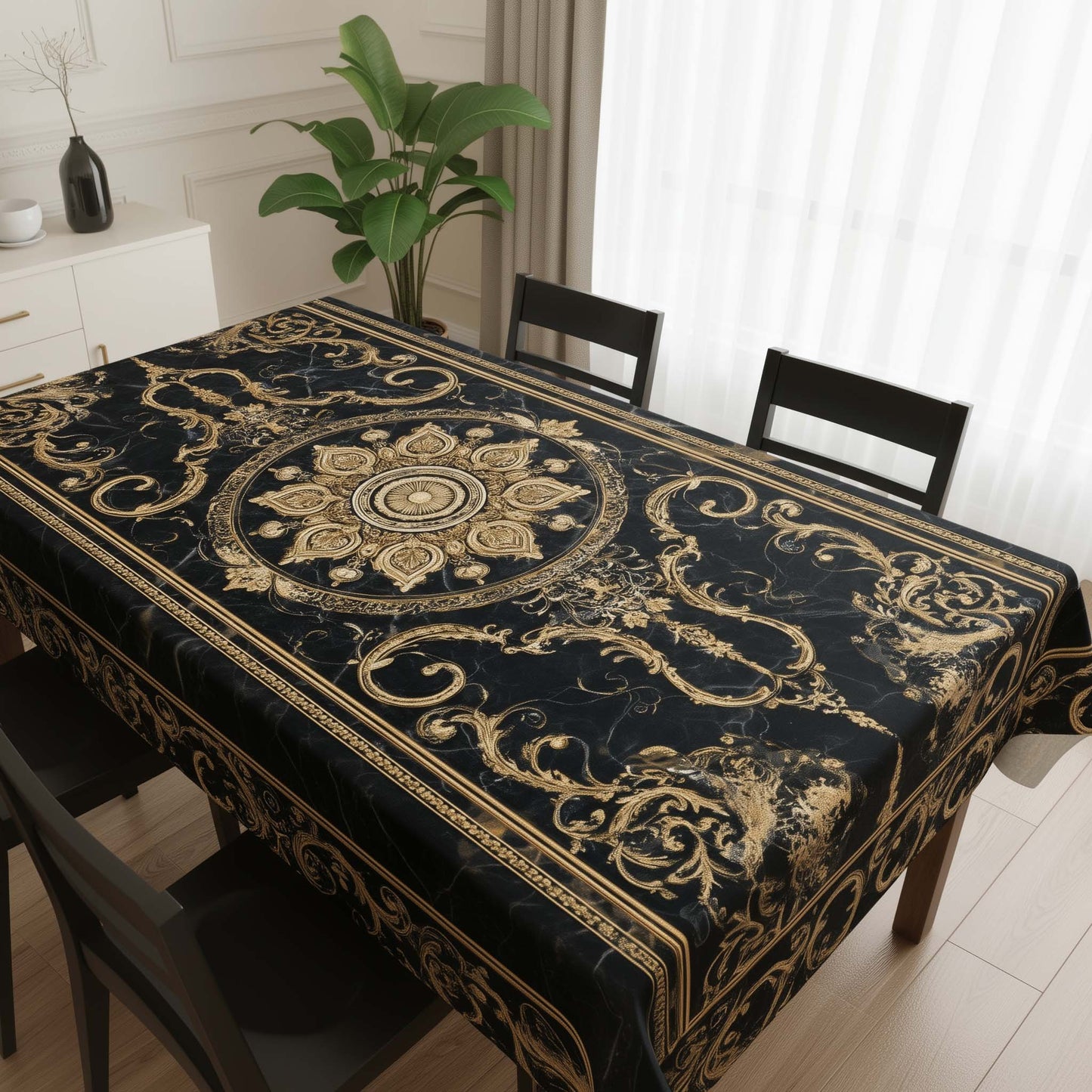 Midnight Gold Royal Mandala Table Cover – Luxurious Dining Tablecloth for Modern Home Decor
