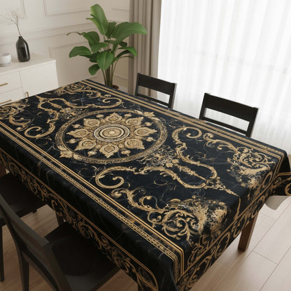 Midnight Gold Royal Mandala Table Cover – Luxurious Dining Tablecloth for Modern Home Decor