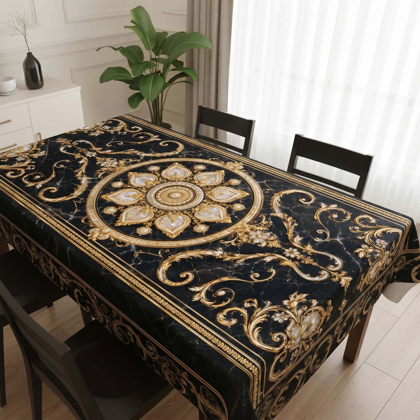 Midnight Gold Royal Mandala Table Cover – Luxurious Dining Tablecloth for Modern Home Decor