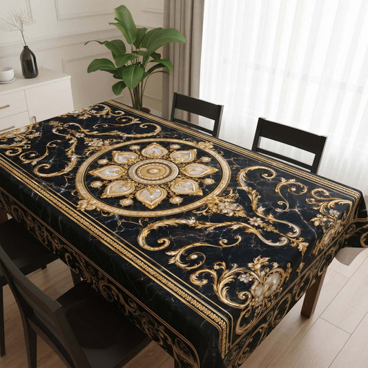 Midnight Gold Royal Mandala Table Cover – Luxurious Dining Tablecloth for Modern Home Decor
