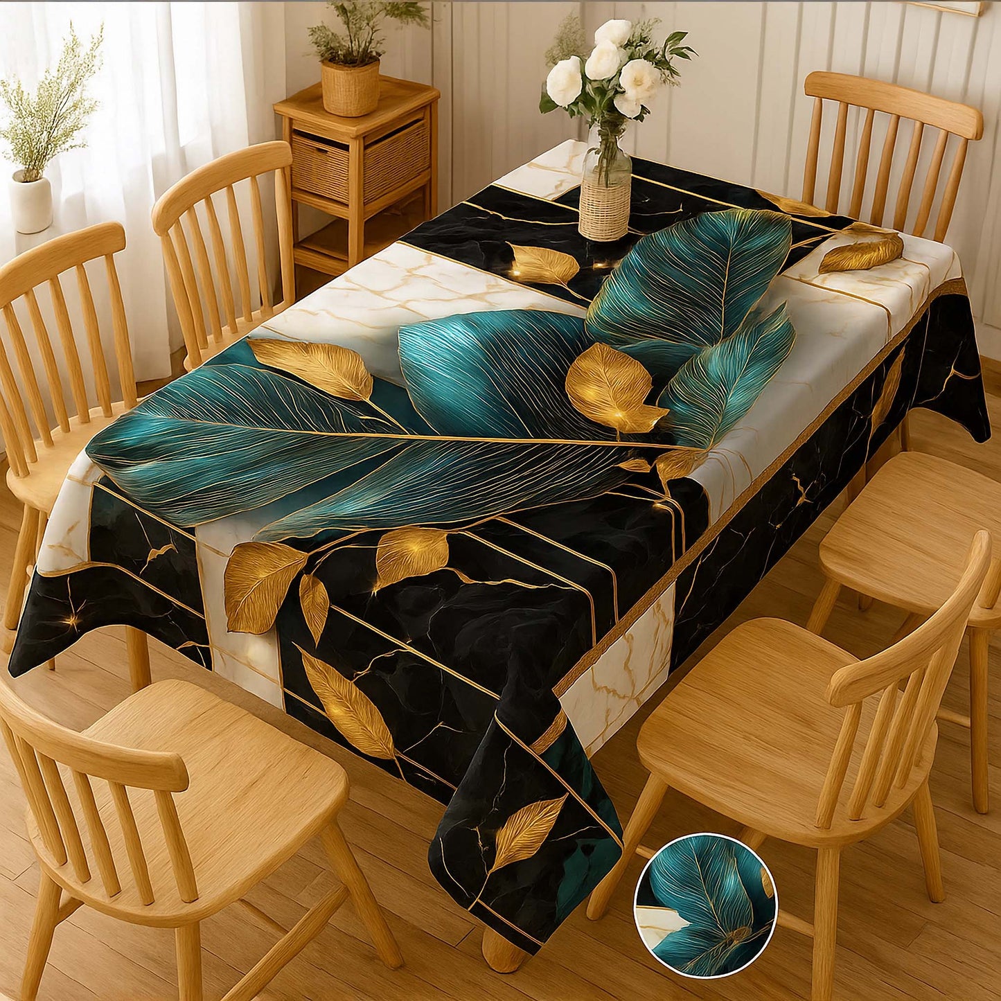 Modern Teal Leaves & Gold Marble Table Cover – Premium Dining Table Cloth for Elegant Home Decor