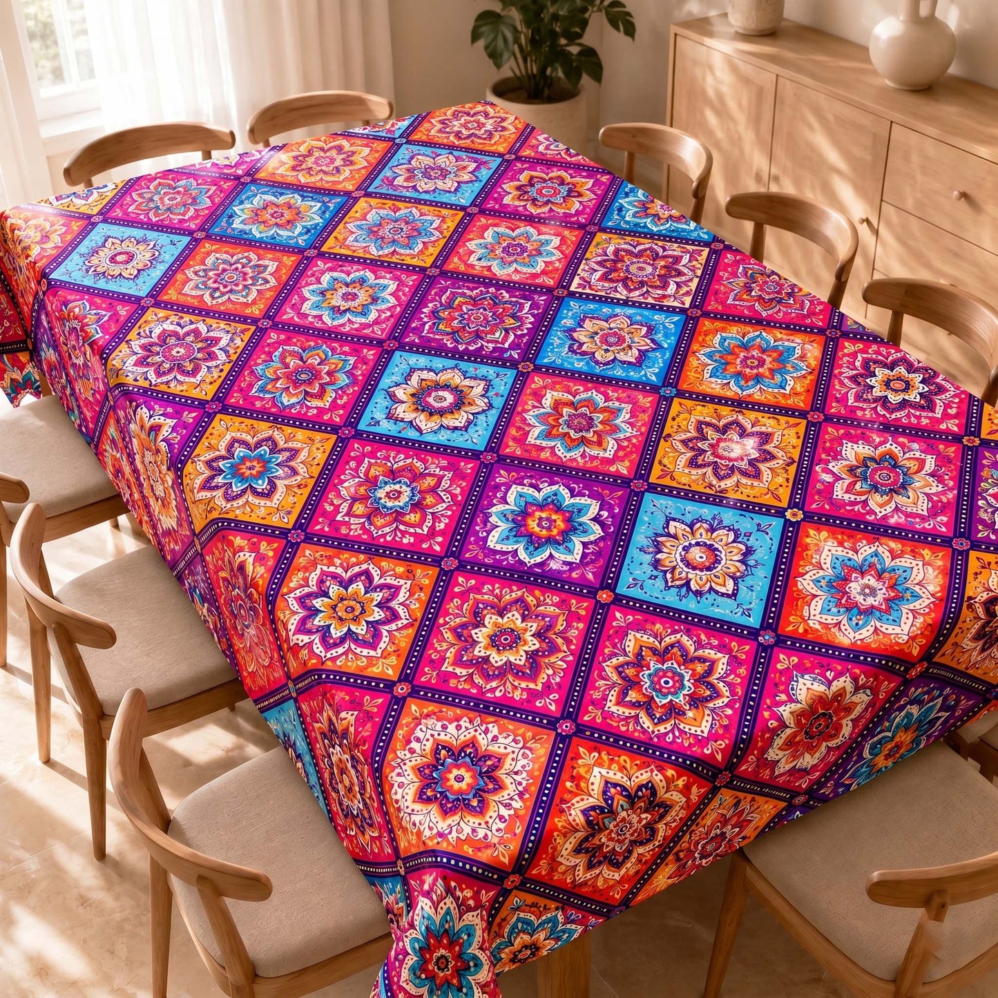 Moroccan Bloom Designer Table Cover – Boho Festival Multicolour Dining Tablecloth