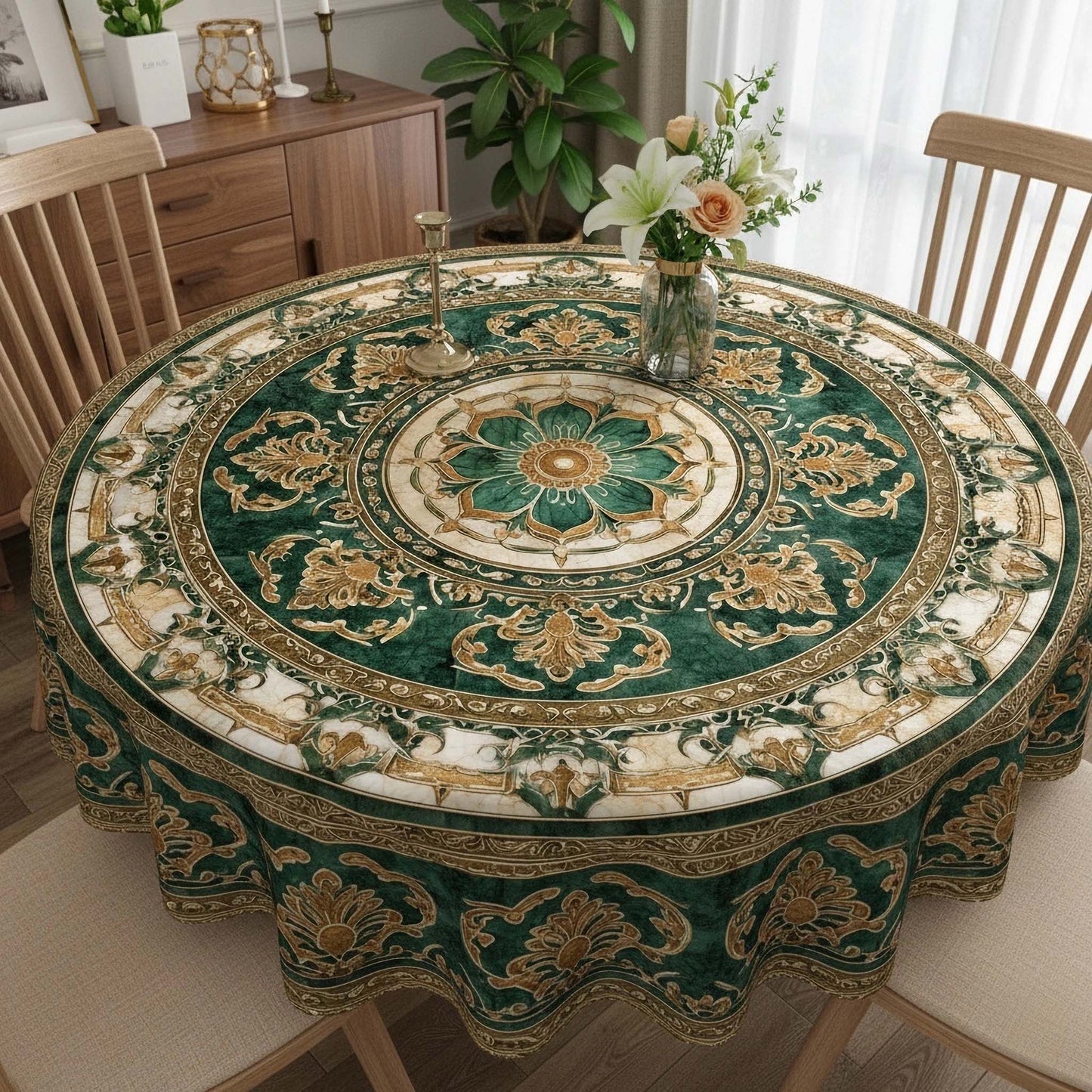 Ornate Green & Gold Mandala Round Table Cover – Premium Tablecloth for Elegant Dining Rooms