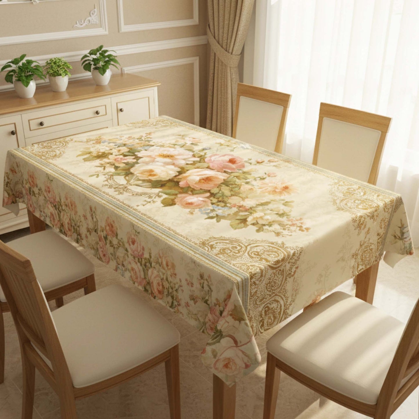 Pastel Ivory Bloom Table Cover – Premium Floral Dining Tablecloth for Elegant Homes