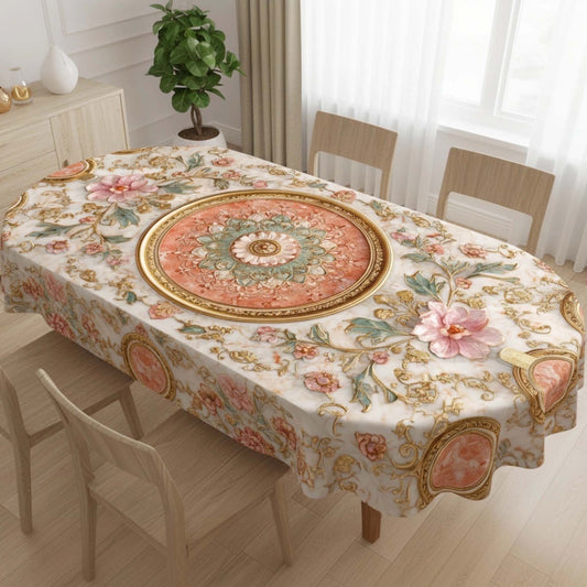 Peach Marble Royal Floral Oval Table Cover – Premium Tablecloth with Golden Embossed Mandala for Luxury Dining Décor