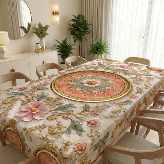 Peach Marble Royal Floral Table Cover – Premium Tablecloth with Golden Embossed Mandala for Luxury Dining Décor