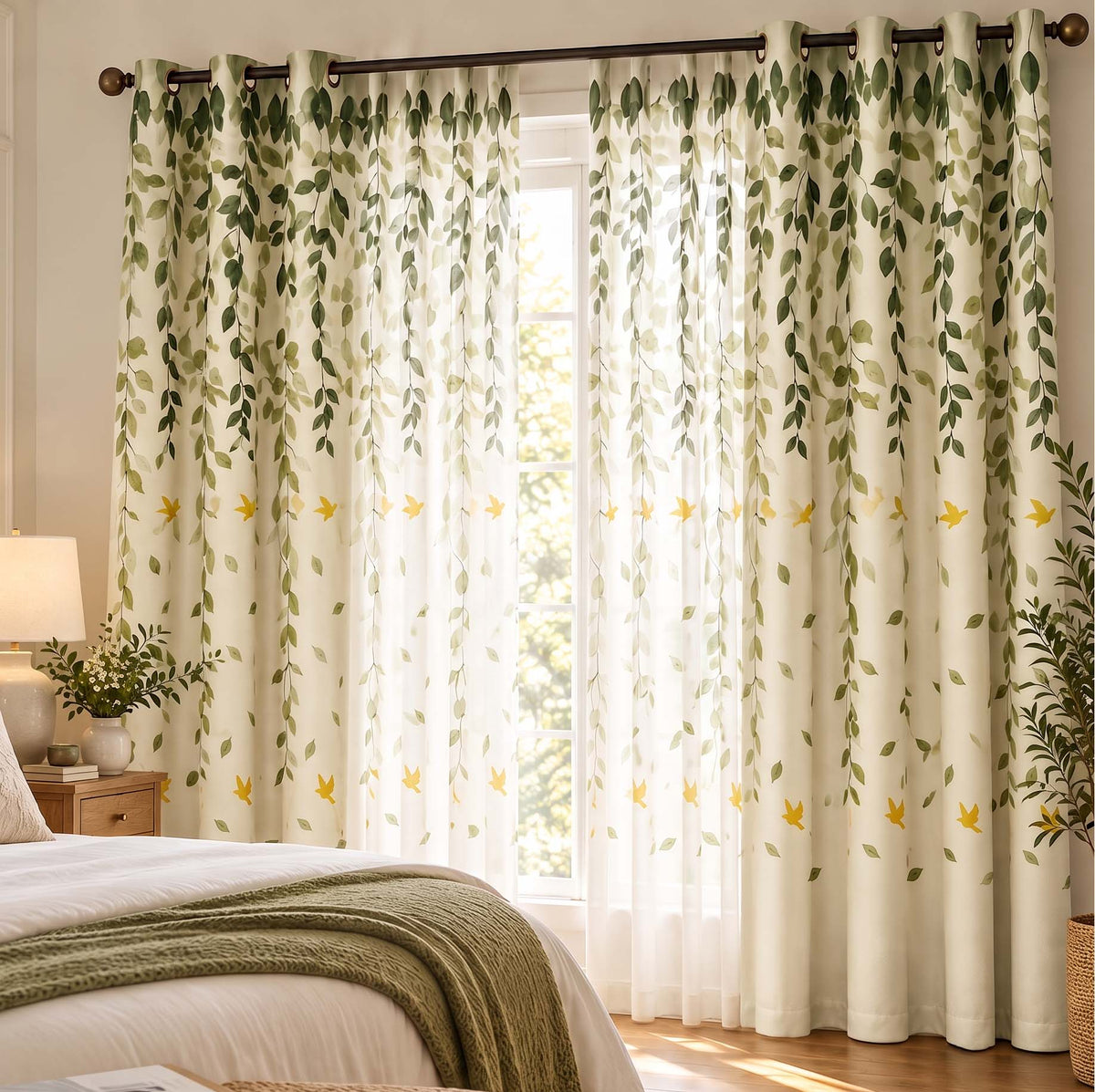 Premium Blackout Curtains Breezy Leaf & Bird Elegant Window Drapes for Modern Home