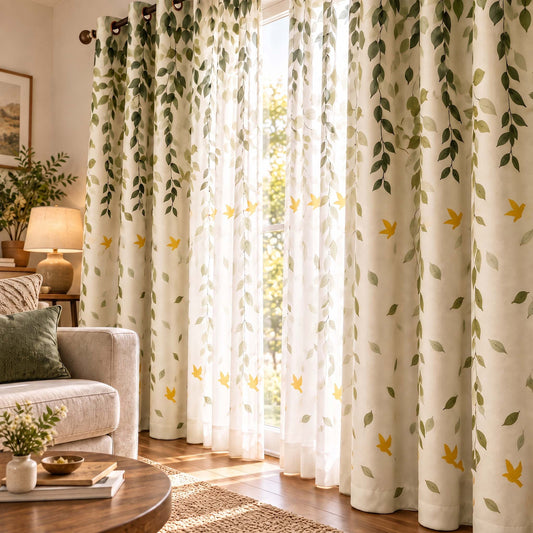 Premium Blackout Curtains Breezy Leaf & Bird Elegant Window Drapes for Modern Home