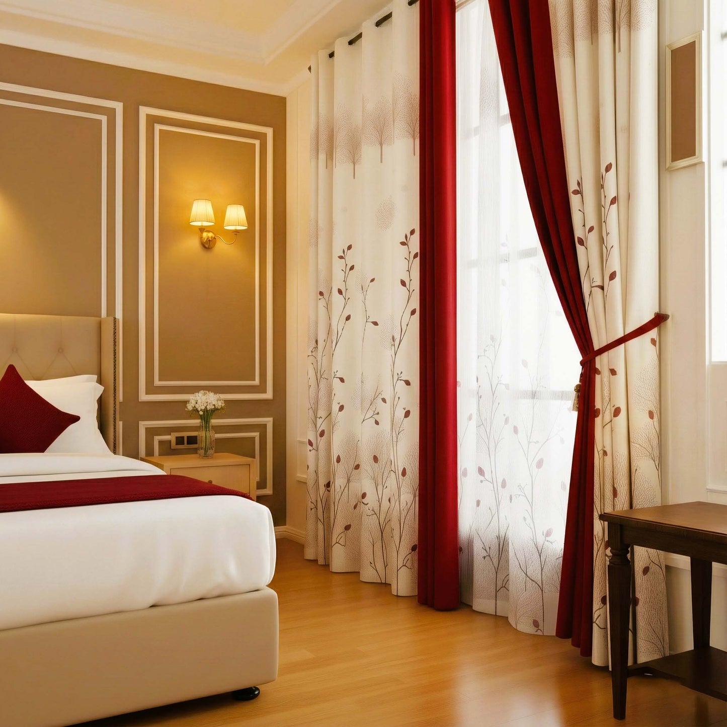 Premium Blackout Designer Curtains - Classic Cream & Maroon Floral Vines(Set of 2)