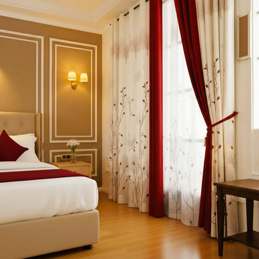 Premium Blackout Designer Curtains - Classic Cream & Maroon Floral Vines(Set of 2)