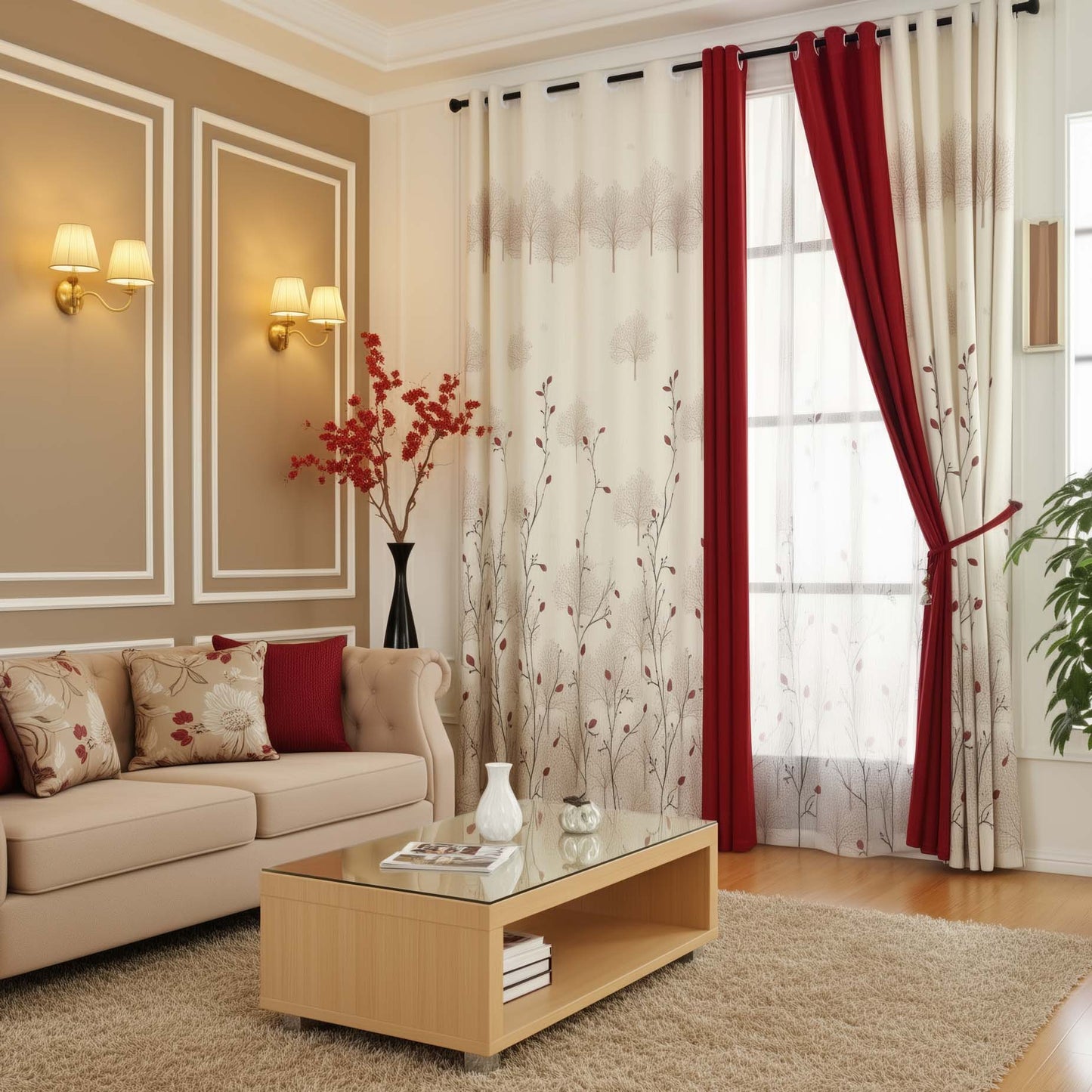 Premium Blackout Designer Curtains - Classic Cream & Maroon Floral Vines(Set of 2)