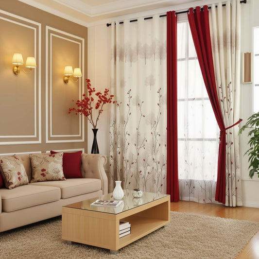 Premium Blackout Designer Curtains - Classic Cream & Maroon Floral Vines(Set of 2)