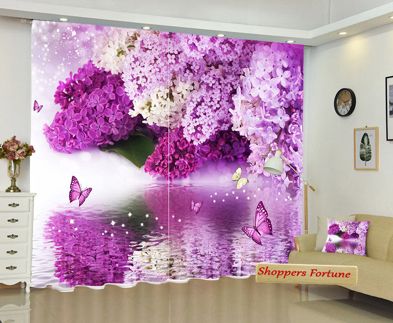 Premium Blackout Digital Curtains - Lavender Butterfly & Flora(Set of 2)