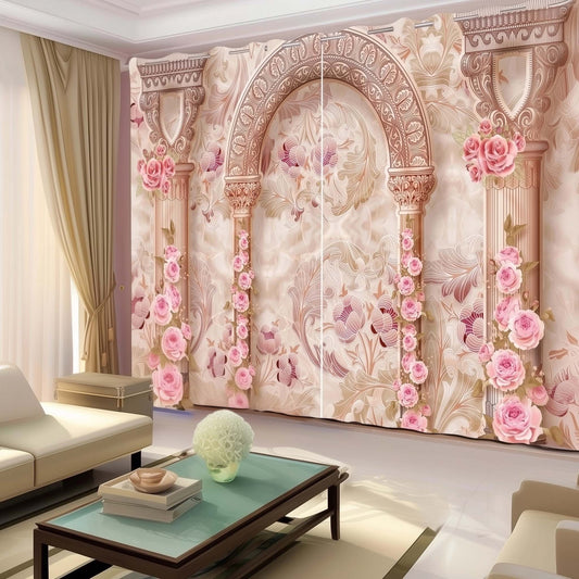 Premium Blackout Digital Curtains - Royal Pillars & Pink Flora(Set of 2)