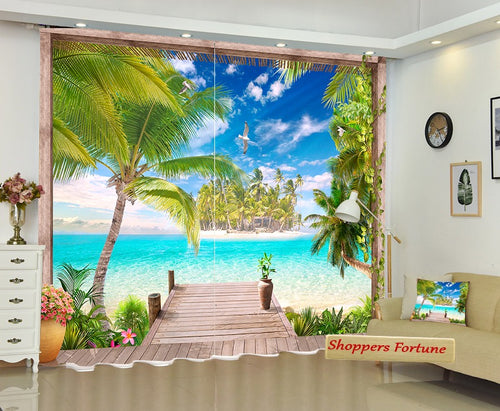 Premium Blackout Digital Curtains - Tropical Beach Paradise(Set of 2)