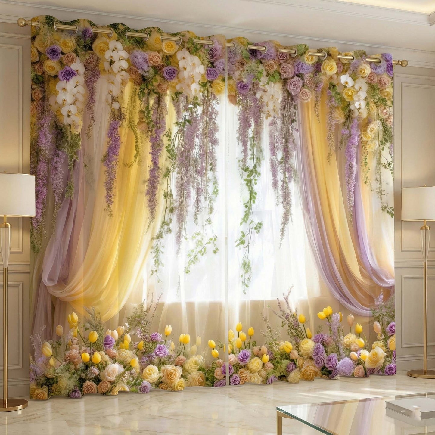 Premium Blackout Elegant Wisteria & Orchid Curtains – Pastel Floral Drapes(Set of 2)