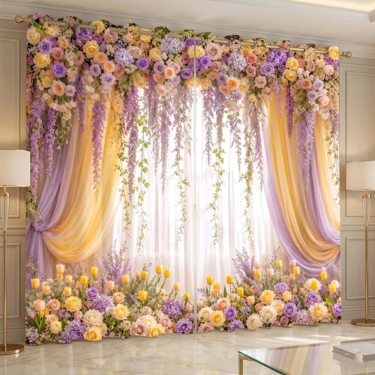 Premium Blackout Elegant Wisteria & Orchid Curtains – Pastel Floral Drapes(Set of 2)