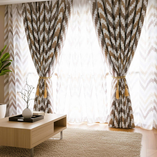 Premium Blackout Geometric Curtains - Classic Brown & Grey Wave(Set of 2)