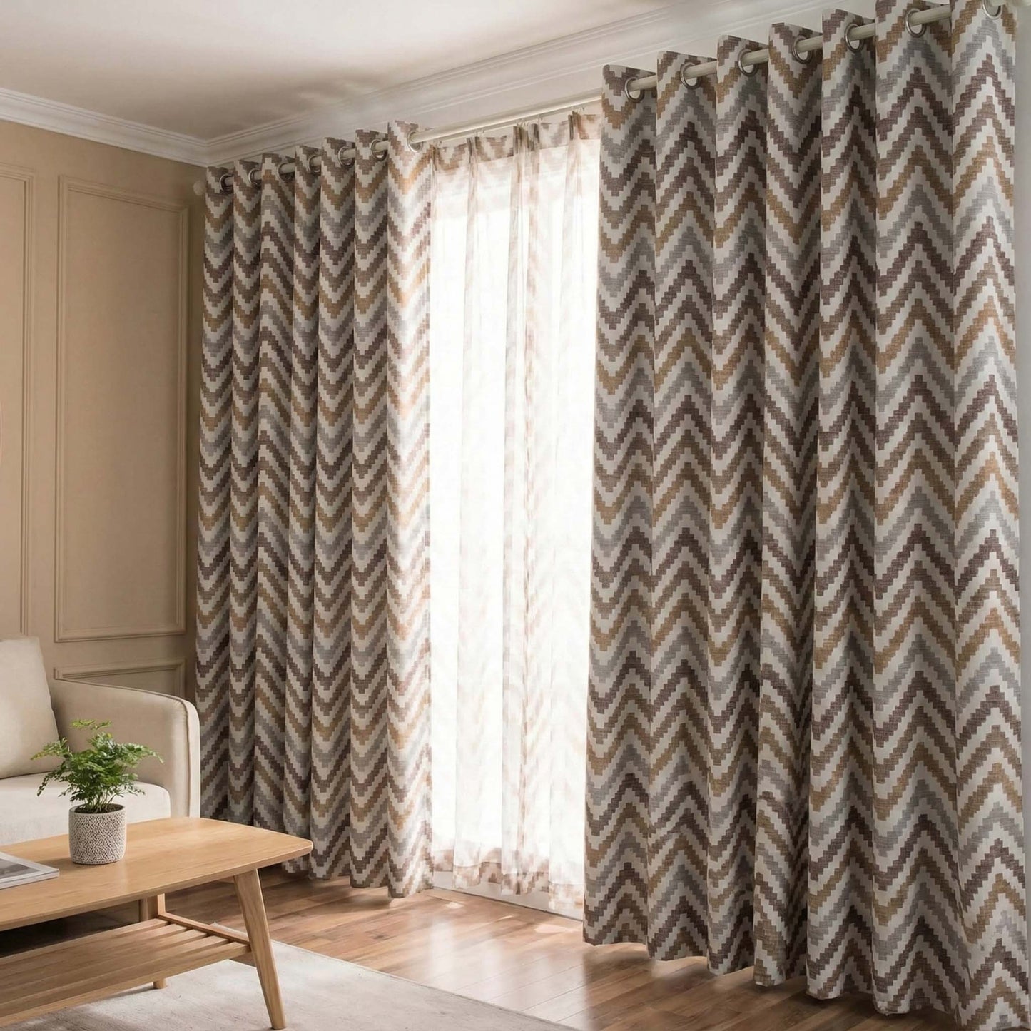 Premium Blackout Geometric Curtains - Classic Brown & Grey Wave(Set of 2)