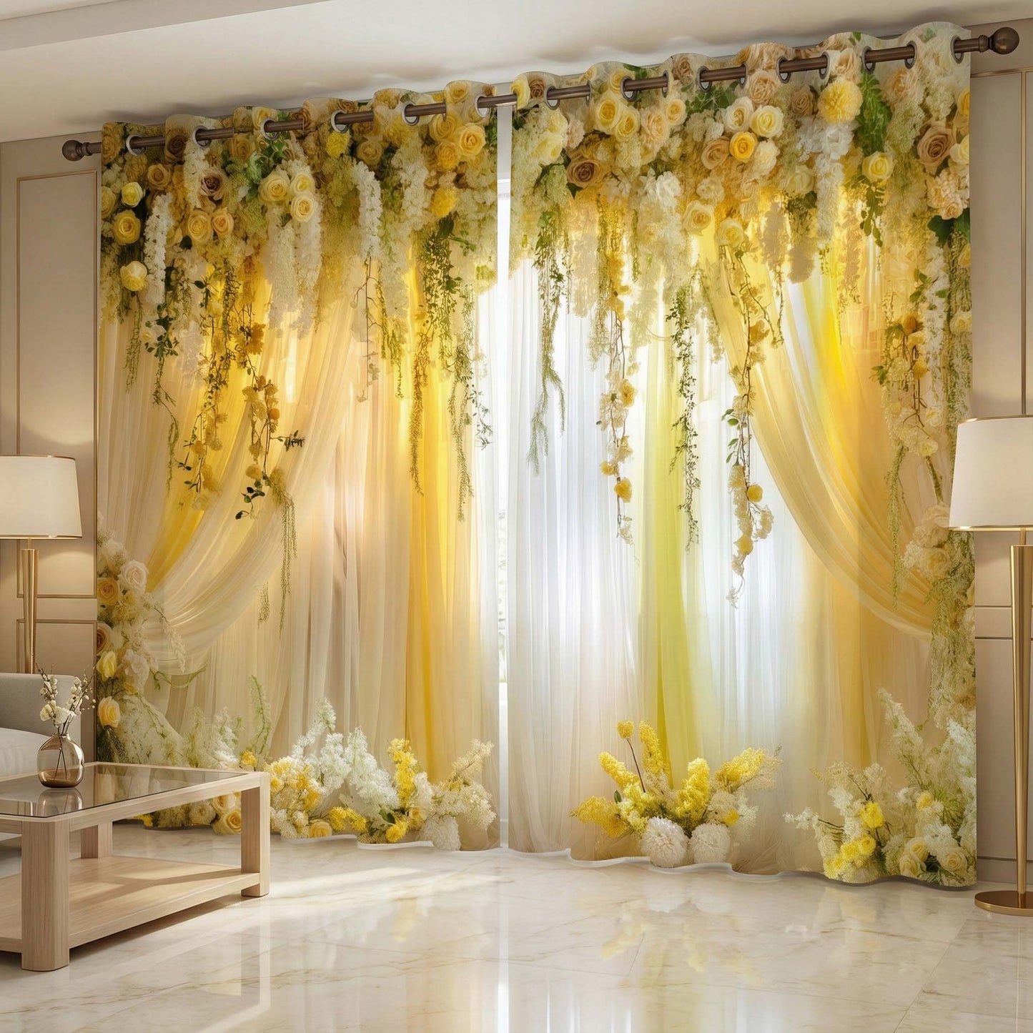 Premium Blackout Ivory Yellow Floral Curtains – Romantic Blossom Drapes(Set of 2)