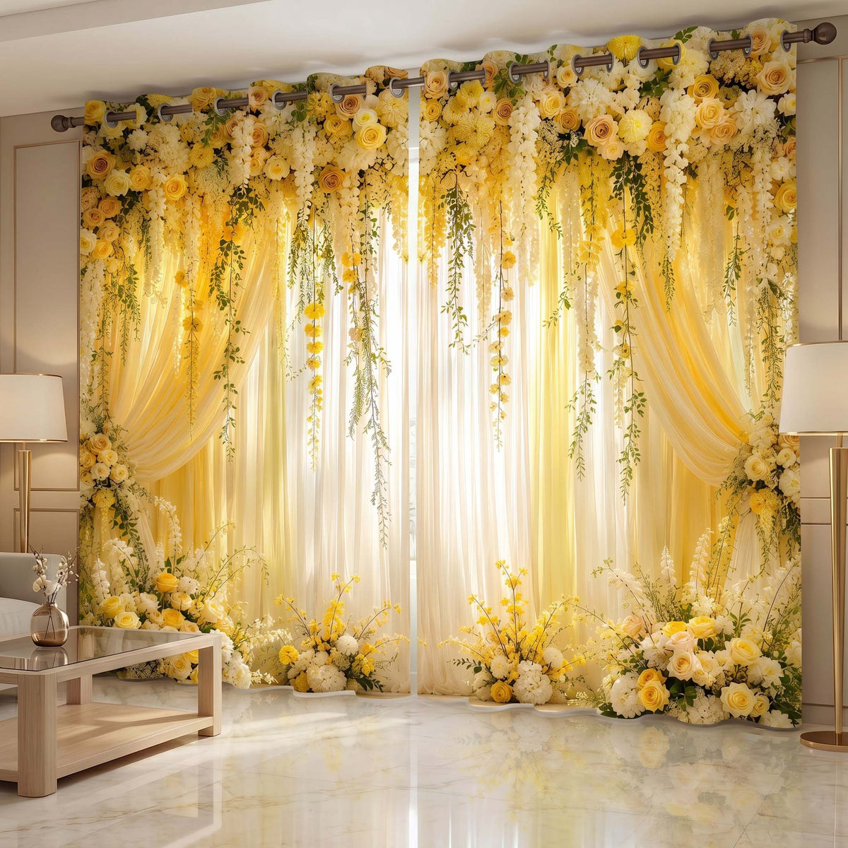 Premium Blackout Ivory Yellow Floral Curtains – Romantic Blossom Drapes(Set of 2)
