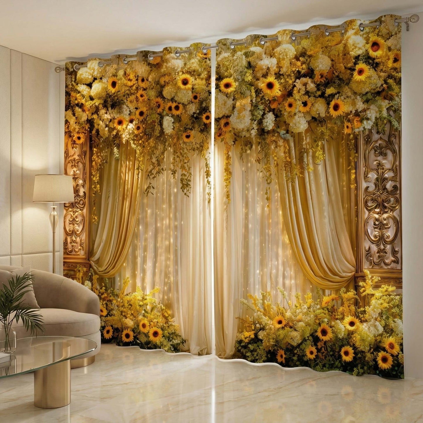 Premium Blackout Luxury Sunflower Garden Curtains – Golden Floral Drapes(Set of 2)