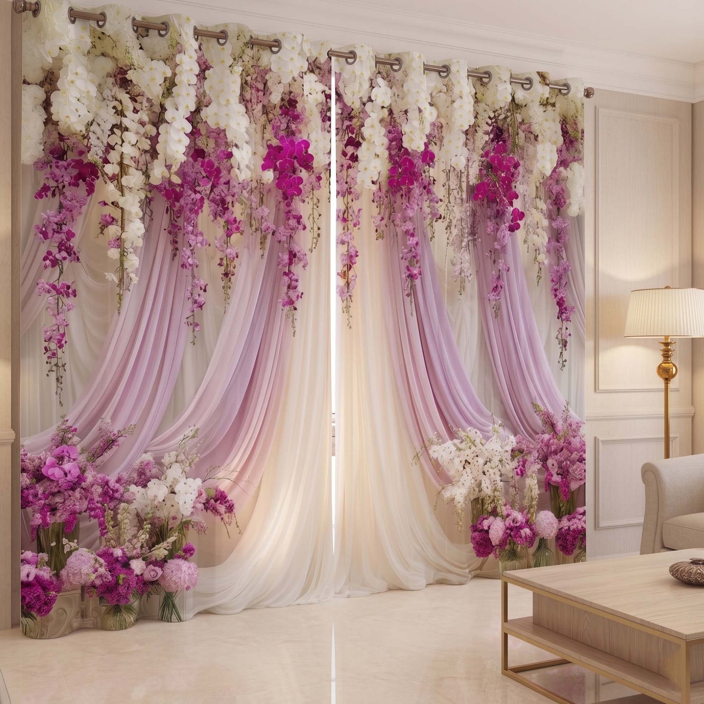 Premium Blackout Orchid Blossom Curtains – Lavender Floral Drapery(Set of 2)
