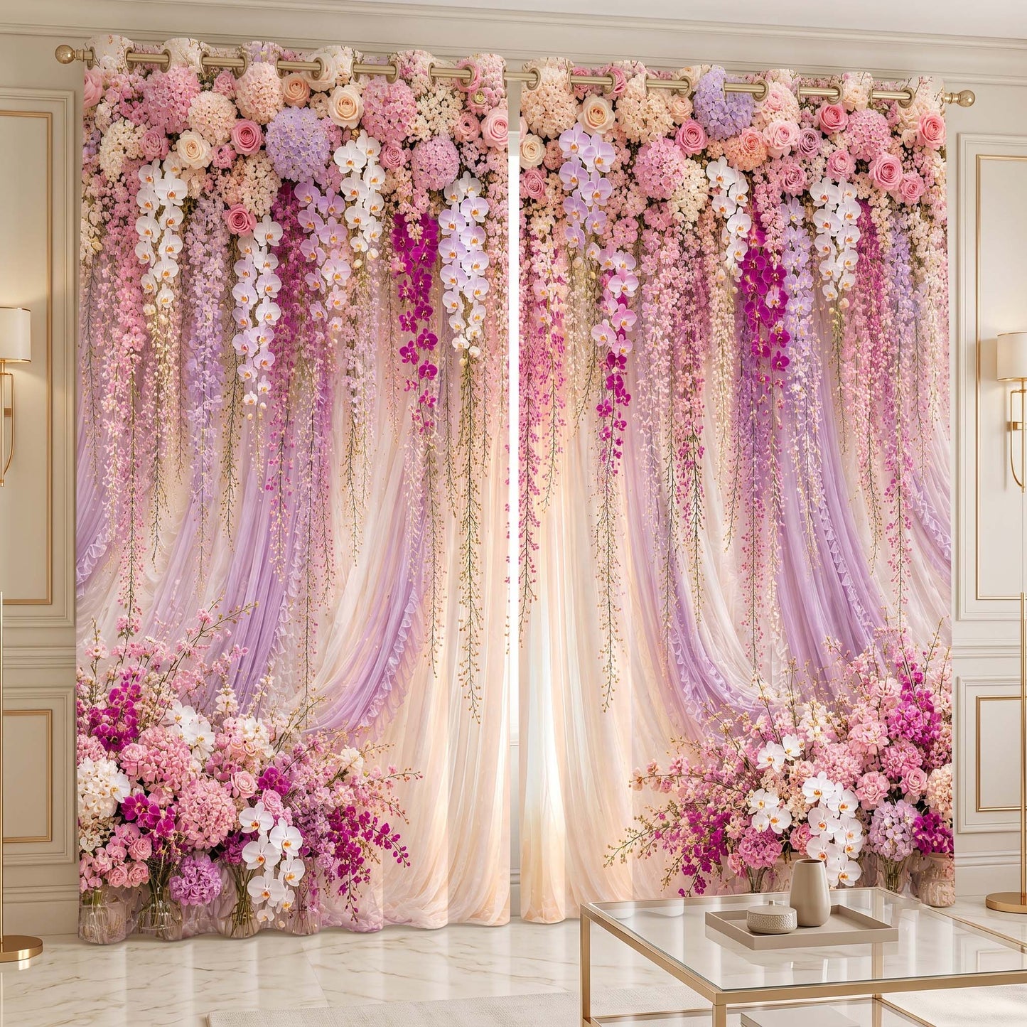 Premium Blackout Orchid Blossom Curtains – Lavender Floral Drapery(Set of 2)