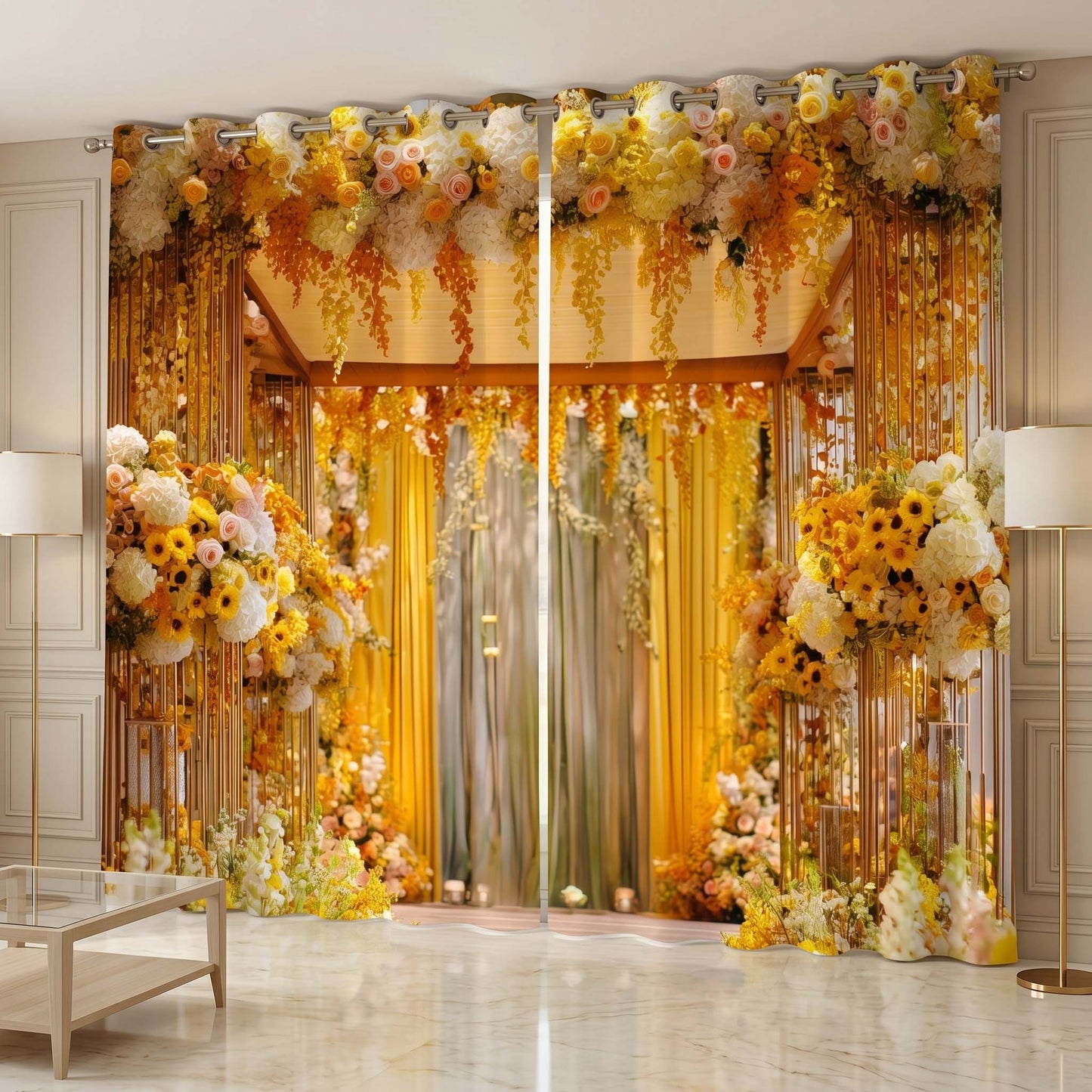 Premium Blackout Royal Gold Blossom Curtains – Elegant Floral Archway Drapes(Set of 2)