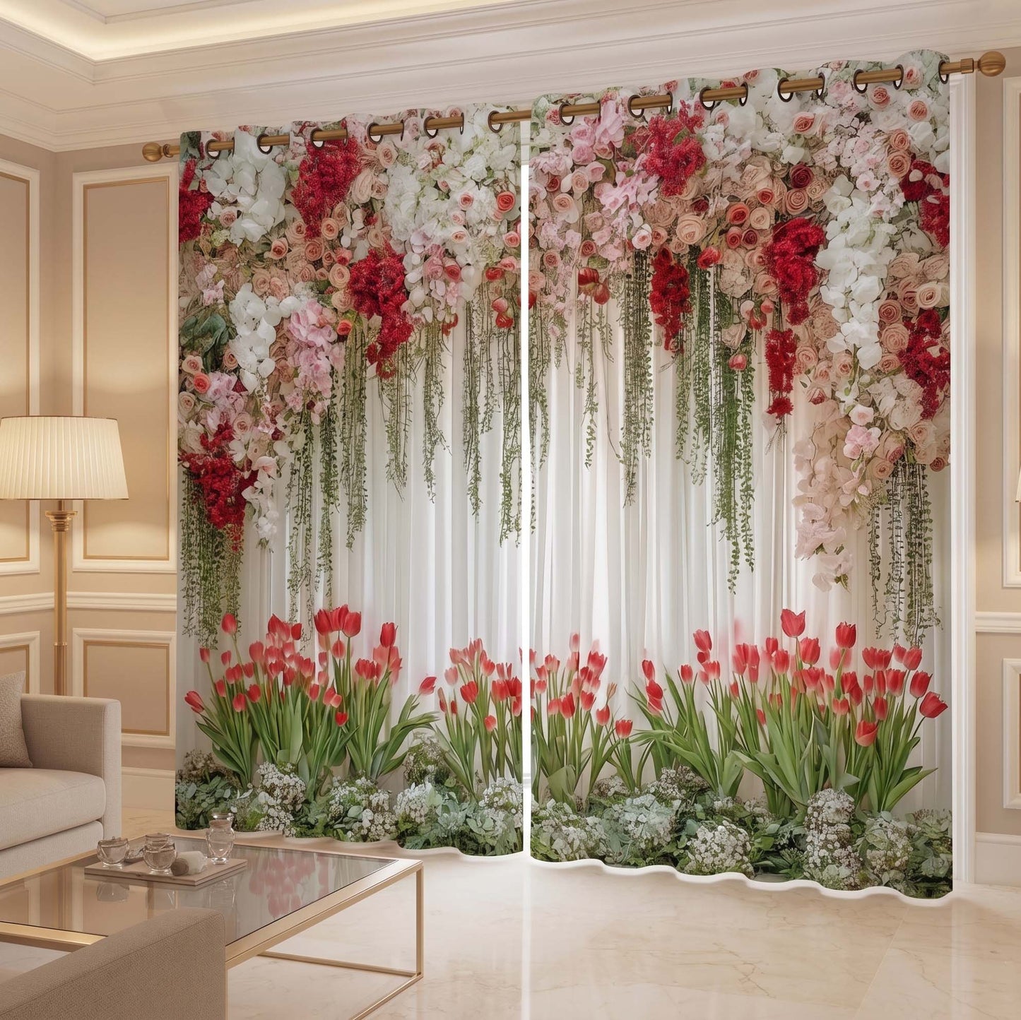 Premium Blackout Spring Bloom Curtains – Tulip, Rose & Hanging Vine Designer Drapes(Set of 2)