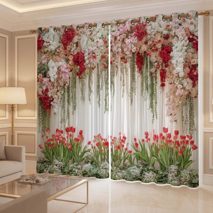 Premium Blackout Spring Bloom Curtains – Tulip, Rose & Hanging Vine Designer Drapes(Set of 2)