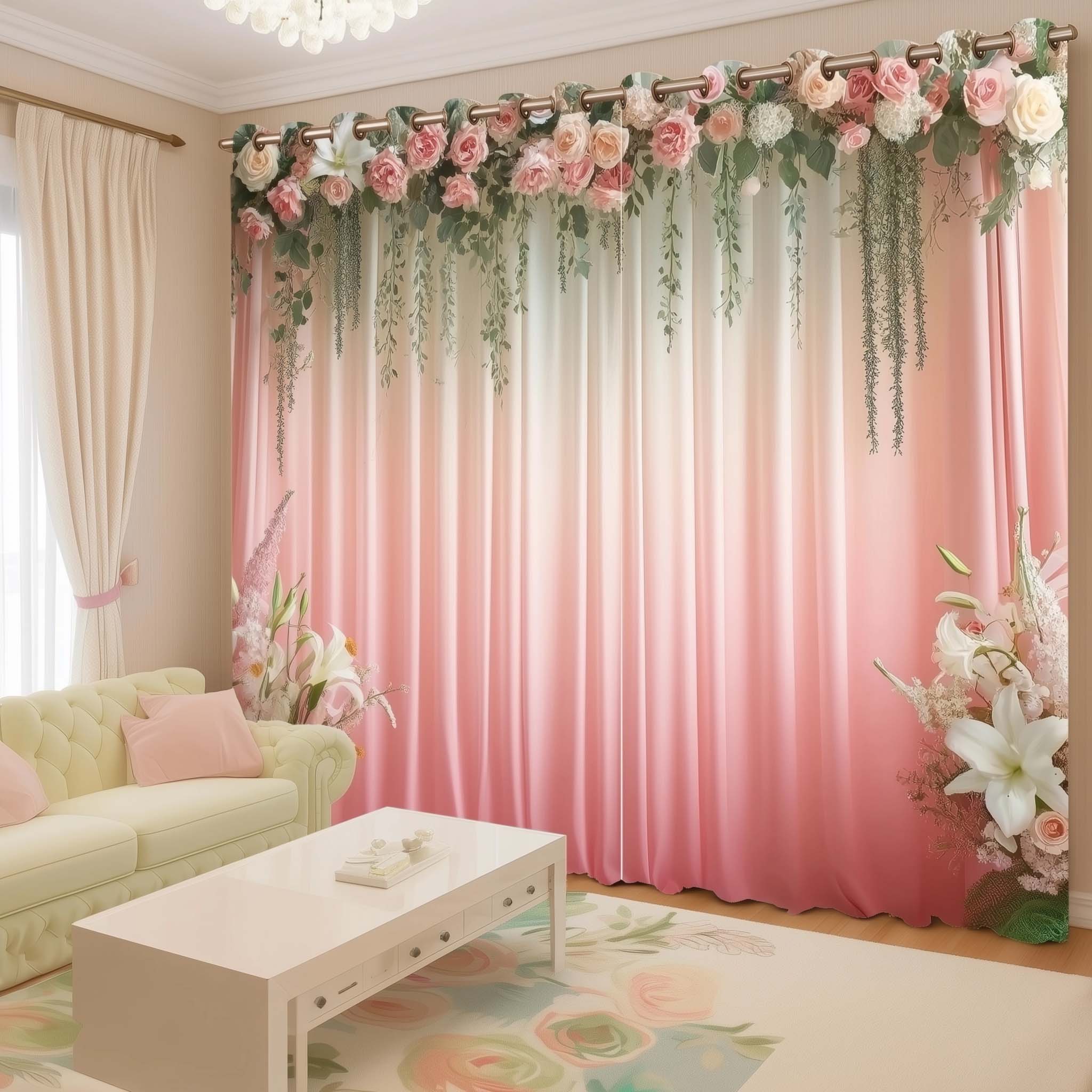 Premium Blush Pink Room Darkening Curtains – Flower Print Blackout Dra
