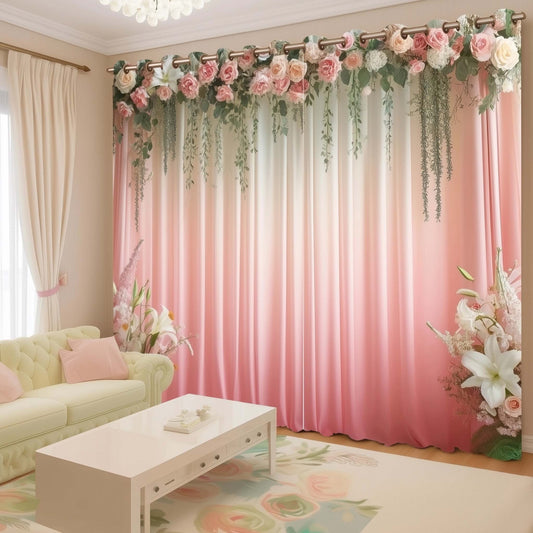 Premium Blush Pink Room Darkening Curtains  –  Flower Print Blackout Drapes for Home Decor