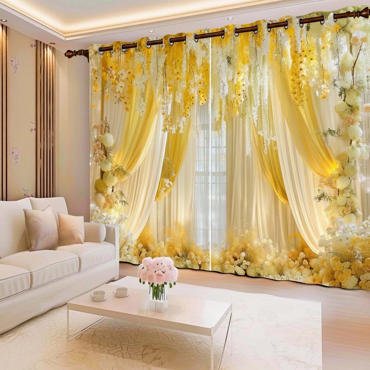 Premium Cheerful Blooming Room Darkening Curtains – Sunshine Yellow & White Drapes for Bright Living Rooms