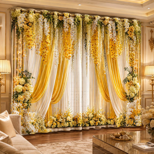 Premium Cheerful Blooming Room Darkening Curtains – Sunshine Yellow & White Drapes for Bright Living Rooms