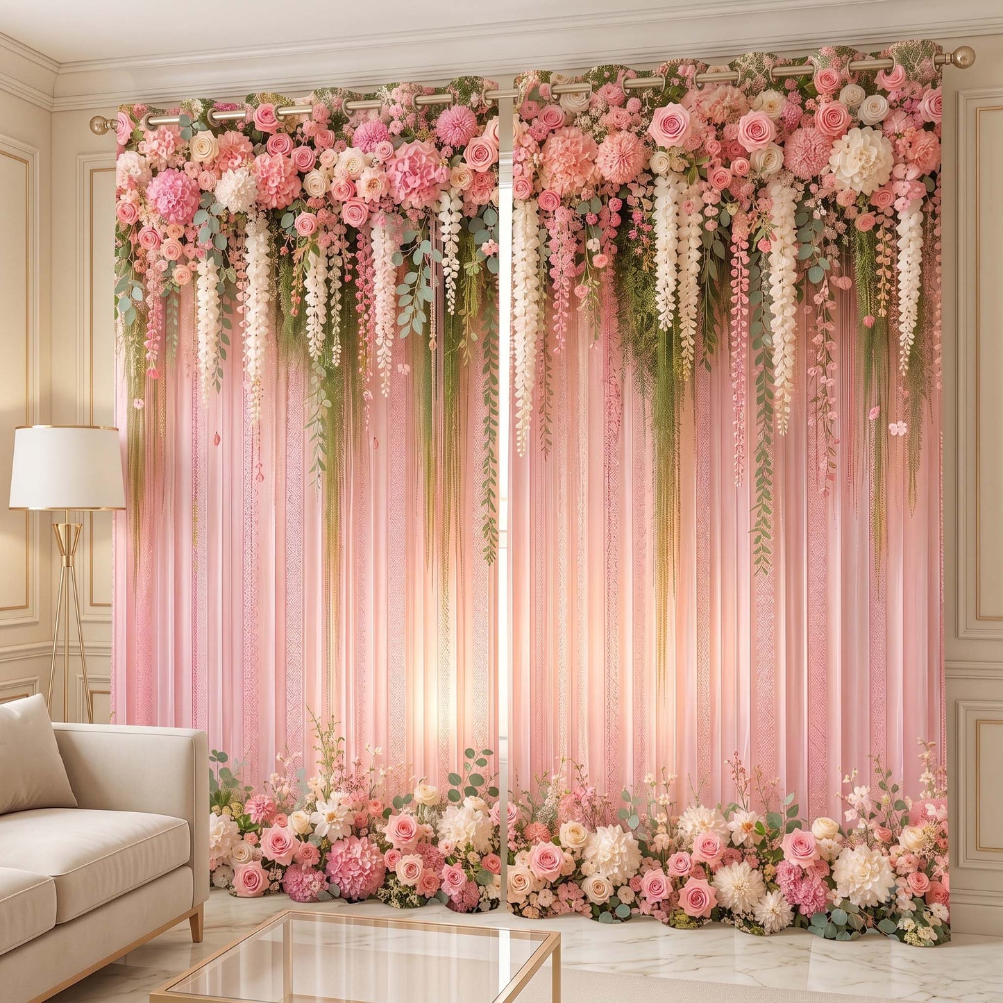 Premium Elegant Pink Room Darkening Curtains – Floral Design Grommet Drapes for Modern Homes
