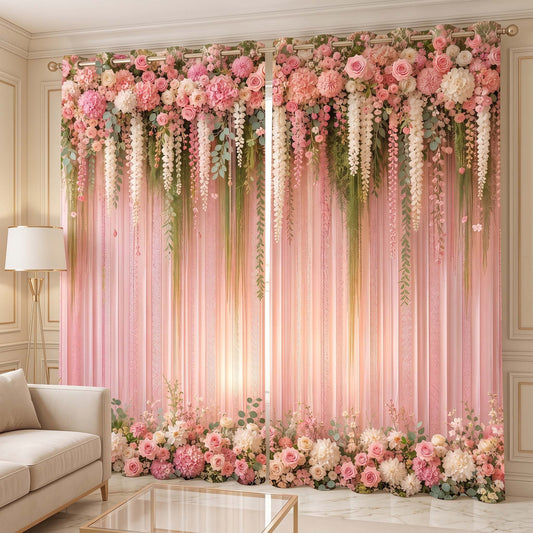 Premium Elegant Pink Room Darkening Curtains – Floral Design Grommet Drapes for Modern Homes