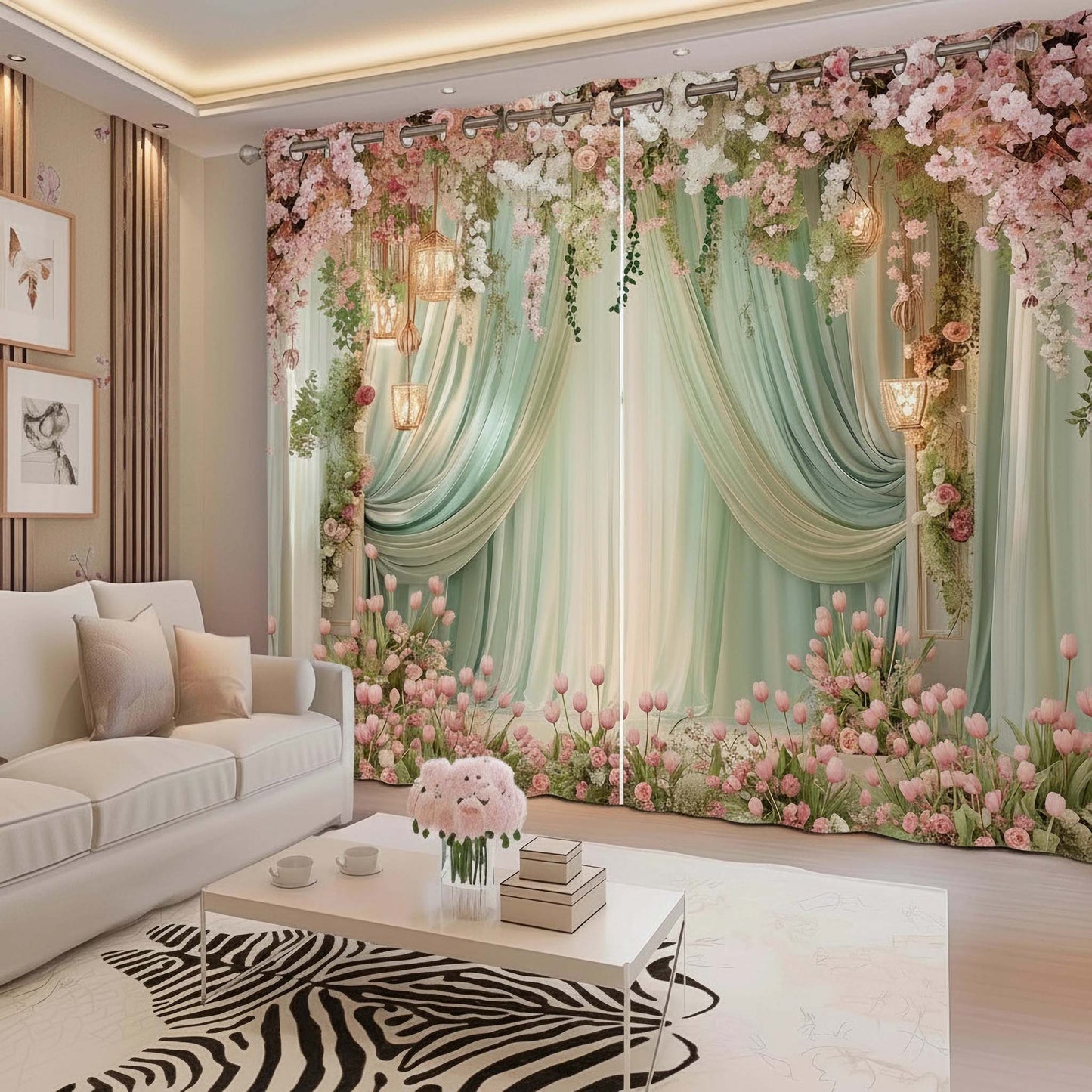 Premium Garden Bloom Room Darkening Curtains – Pastel Green Floral & Tulips Drapes for Elegant Decor