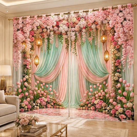 Premium Garden Bloom Room Darkening Curtains – Pastel Green Floral & Tulips Drapes for Elegant Decor