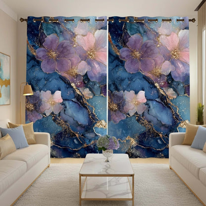Premium Glamorous Floral Accent Room Darkening Curtains – Midnight Blue & Lilac Blossom Luxe Designer Drapes for Home