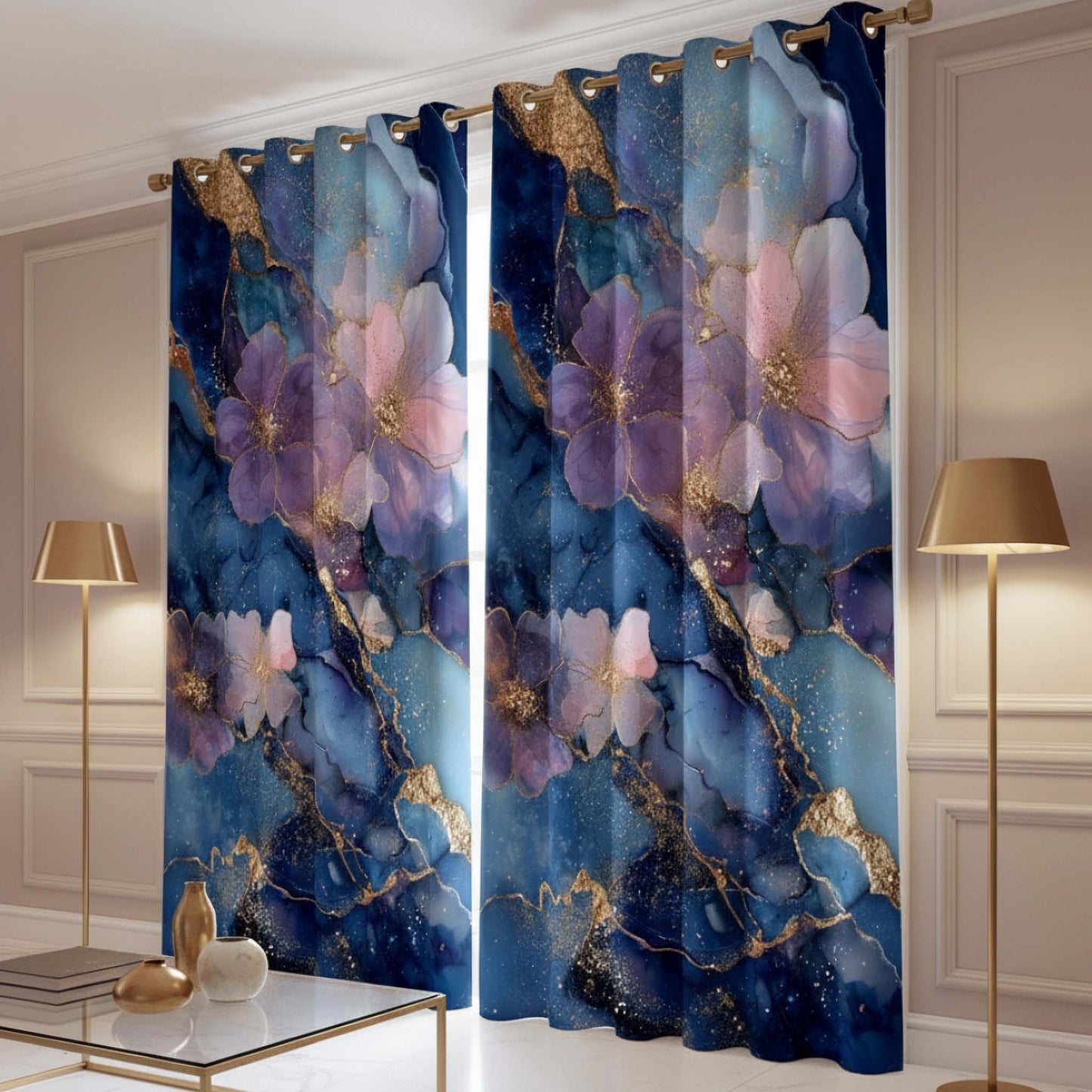 Premium Glamorous Floral Accent Room Darkening Curtains – Midnight Blue & Lilac Blossom Luxe Designer Drapes for Home