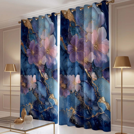 Premium Glamorous Floral Accent Room Darkening Curtains – Midnight Blue & Lilac Blossom Luxe Designer Drapes for Home